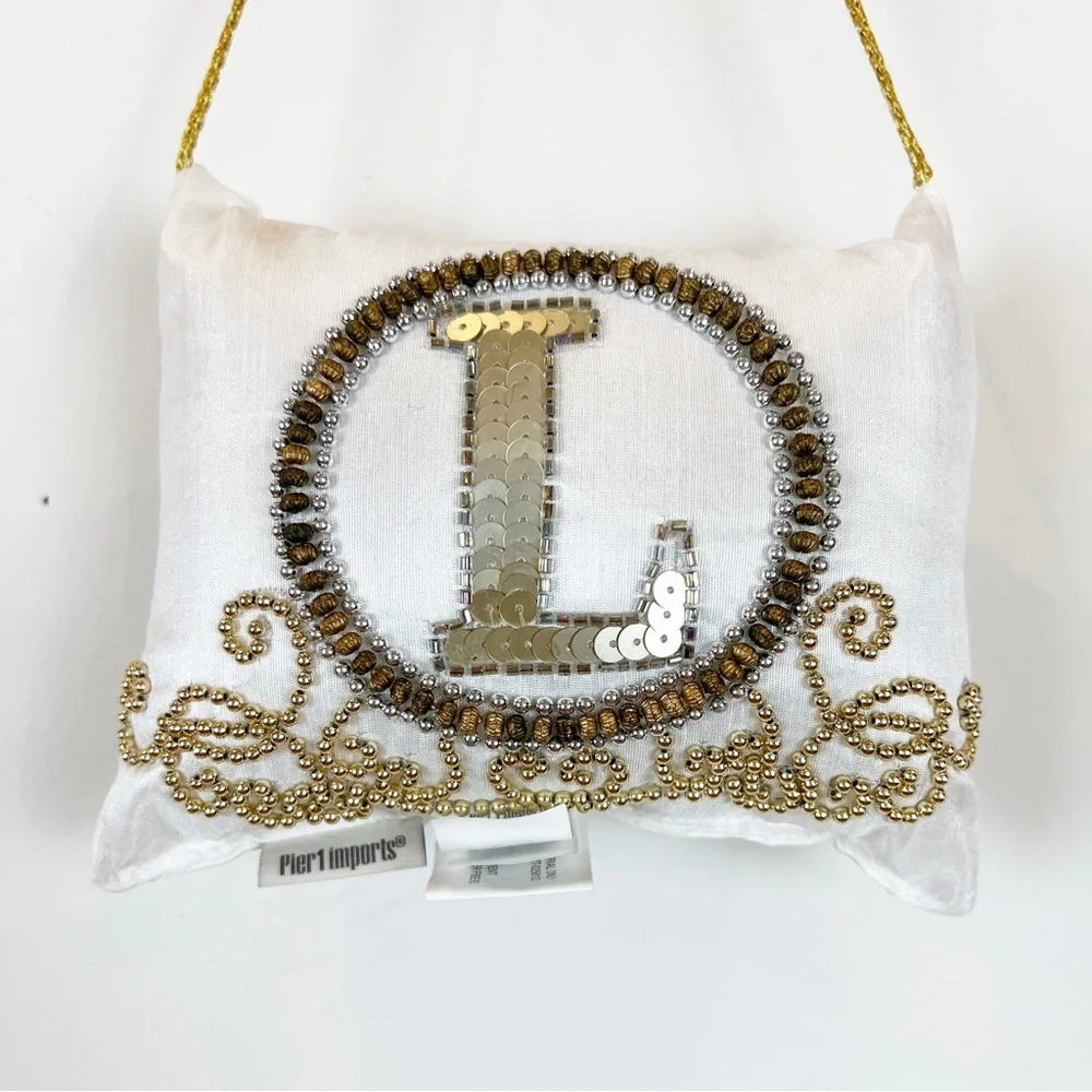Pier 1 Imports “L” Gold Monogram Sequined Beaded Door Knocker Pillow Decor Hang